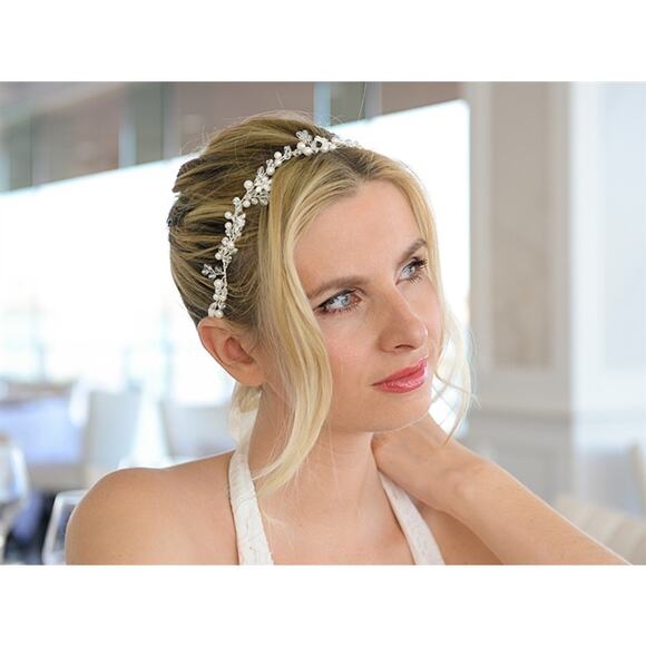 Pearl & Crystal Floral Bridal Headband – Handmade Hair Vine Tiara - Picture 5 of 7